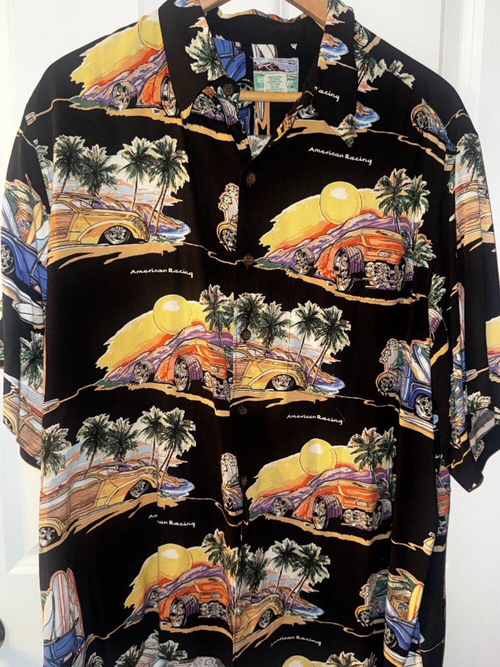 Reyn Spooner Vintage American Racing Rayon Hawaiian Shirt L Hot Rod